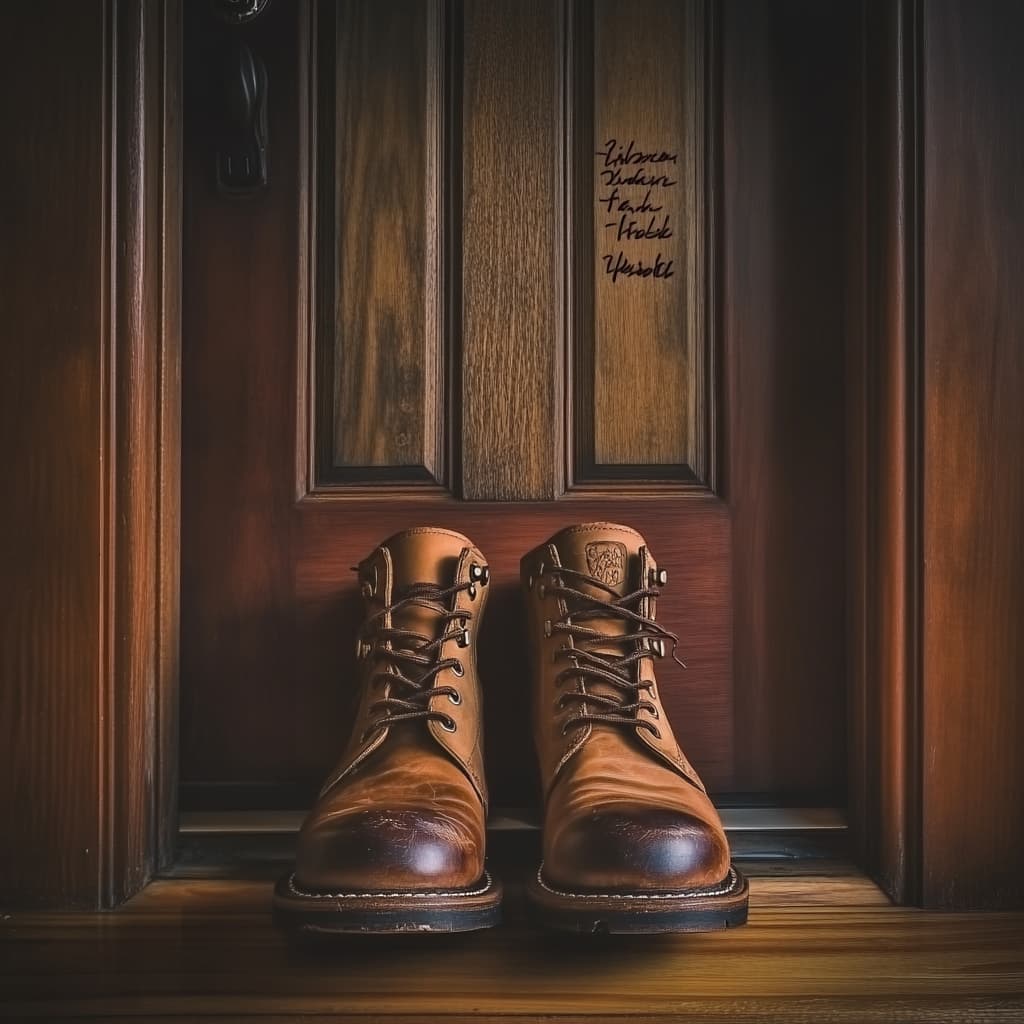 A pair of shoes laced up and ready at the door, with a motivational quote written above, symbolizing the first step towards a new habit and a fresh start. ai generated