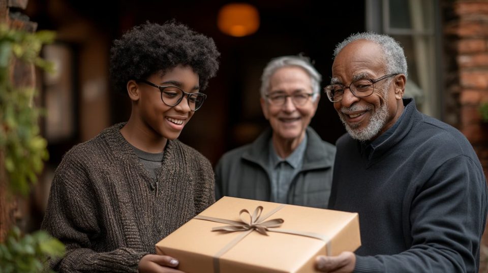 A parent helping a child unwrap a STEM kit while a senior opens a photo album in the background. ai generated
