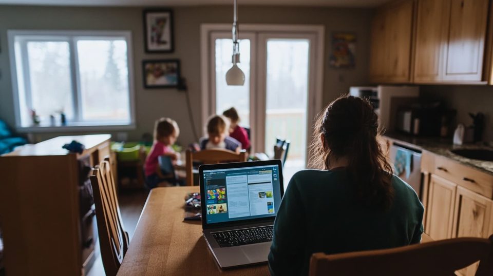 A parent sitting at a kitchen table with a laptop and textbook while children play in the background, showing a balance of responsibilities. ai generated