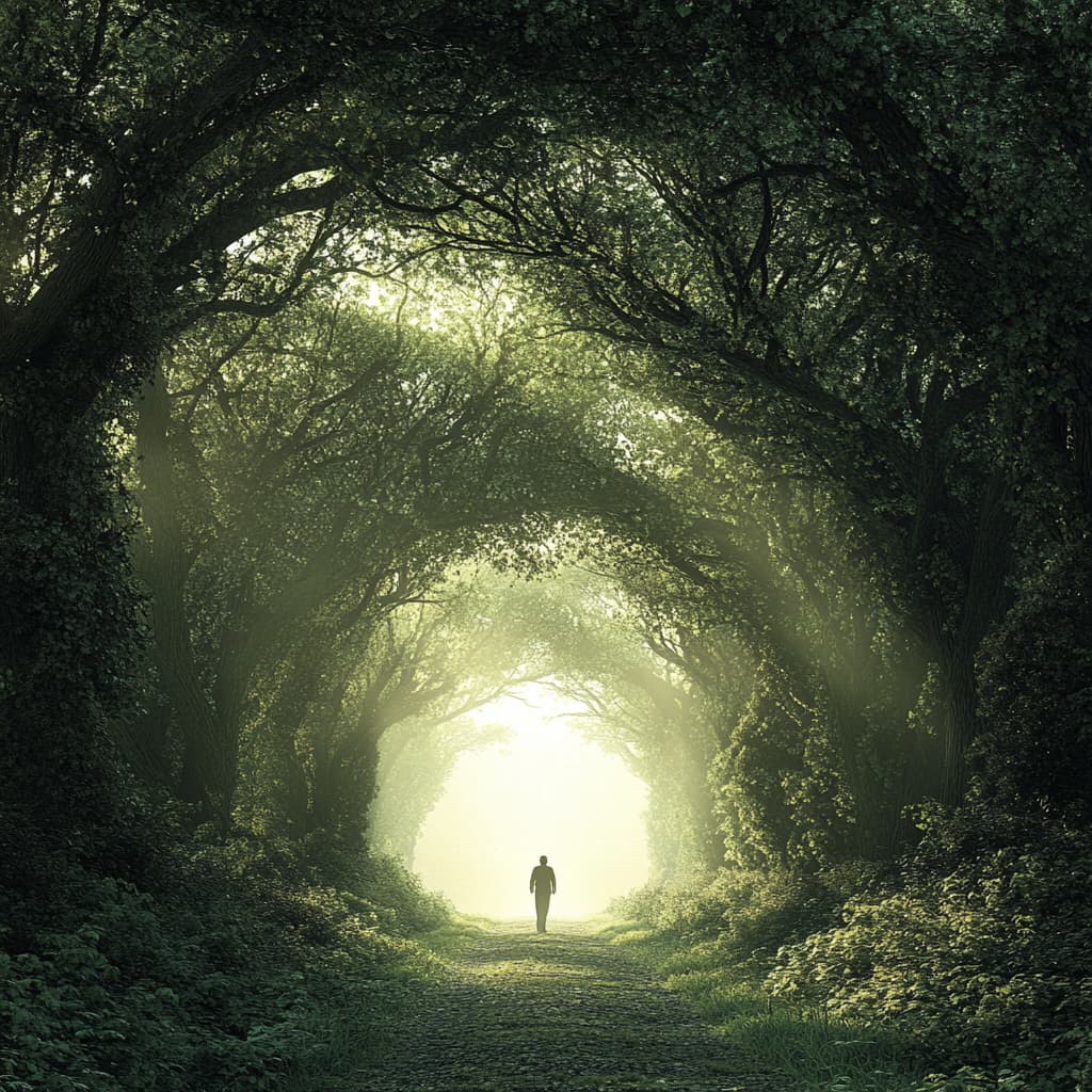 A peaceful, misty forest path leading to a glowing light at the end, symbolizing the journey towards inner peace. A person stands at the beginning of the path, looking forward, ready to embark on their transformative meditation journey. ai generated