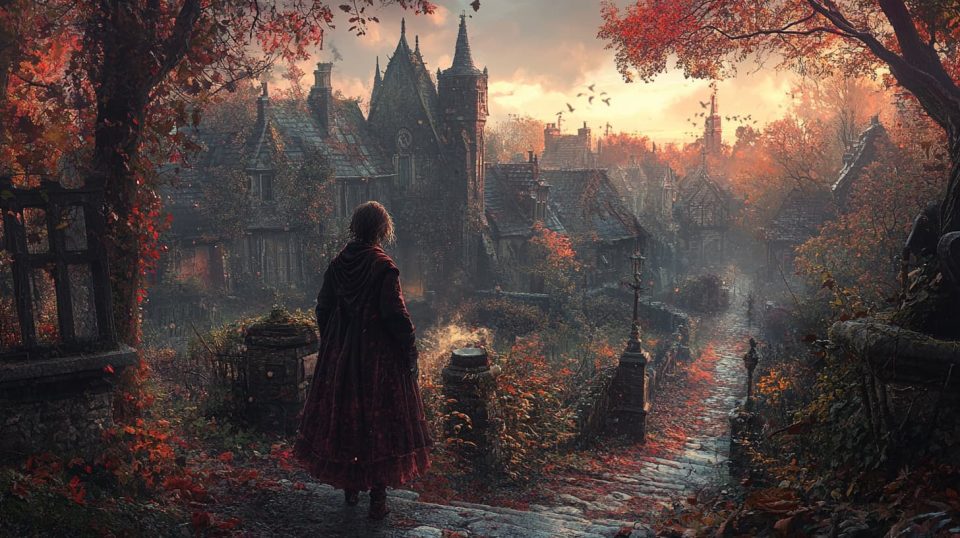 A peaceful yet unsettling sunrise over a desolate village, with no visible signs of life. ai generated