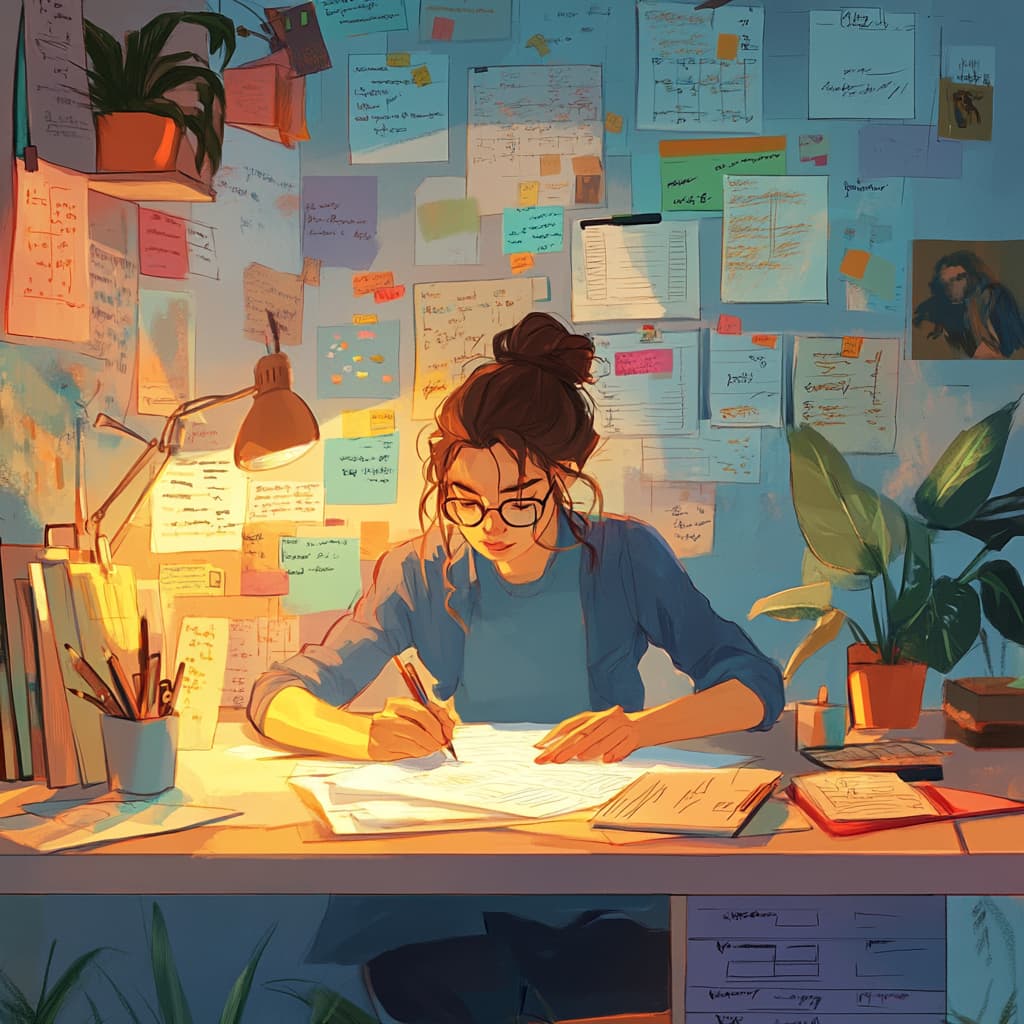 A persistent student rewriting sections of a paper in a well-lit study room, surrounded by multiple drafts and feedback notes. ai generated