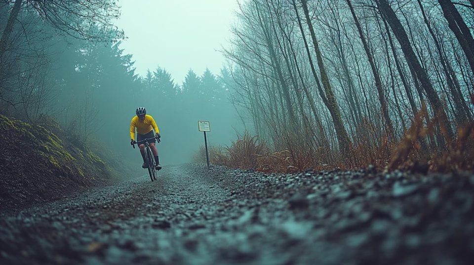 A person climbing a forested hill, pausing to look at a trail map pinned to a signpost. ai generated
