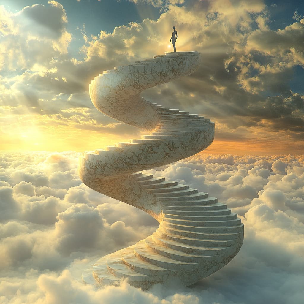 A person climbing a spiral staircase made of clouds, each step representing a stage in their meditation journey, with new vistas revealed at every turn. ai generated