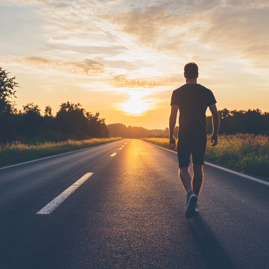 A person confidently walking towards a bright horizon, leaving behind shadowy representations of mental health challenges. ai generated