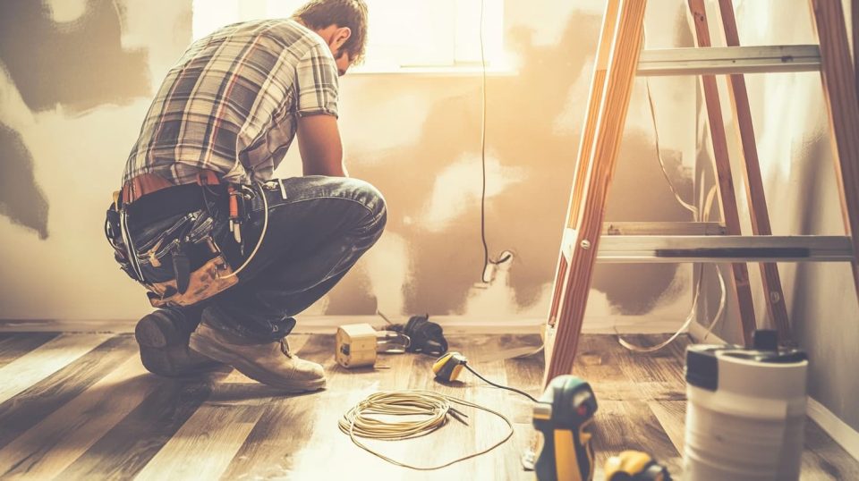 A person crouching in their workspace, inspecting a loose power cord on the floor. ai generated