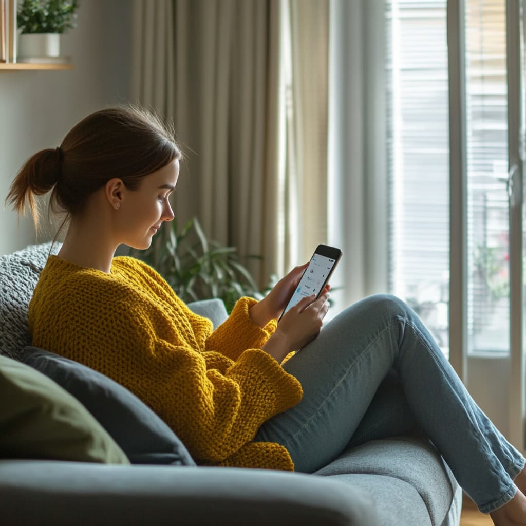 A person easily navigating a simplified, user-friendly mobile app while sitting comfortably in a cozy living room, representing ease of use and accessibility. ai generated