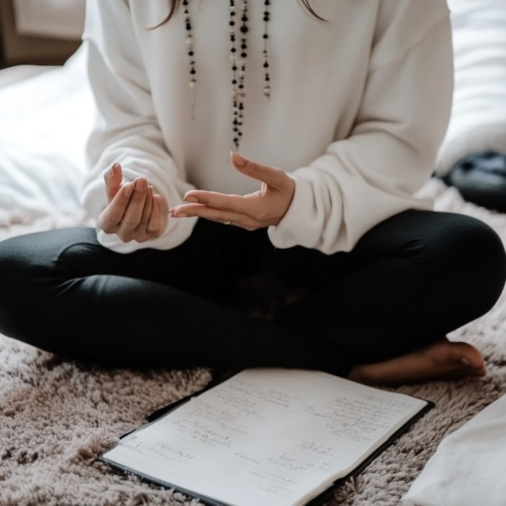 A person engaged in a productive morning routine, including exercise, meditation, and journaling, representing a balanced and intentional start to the day. ai generated