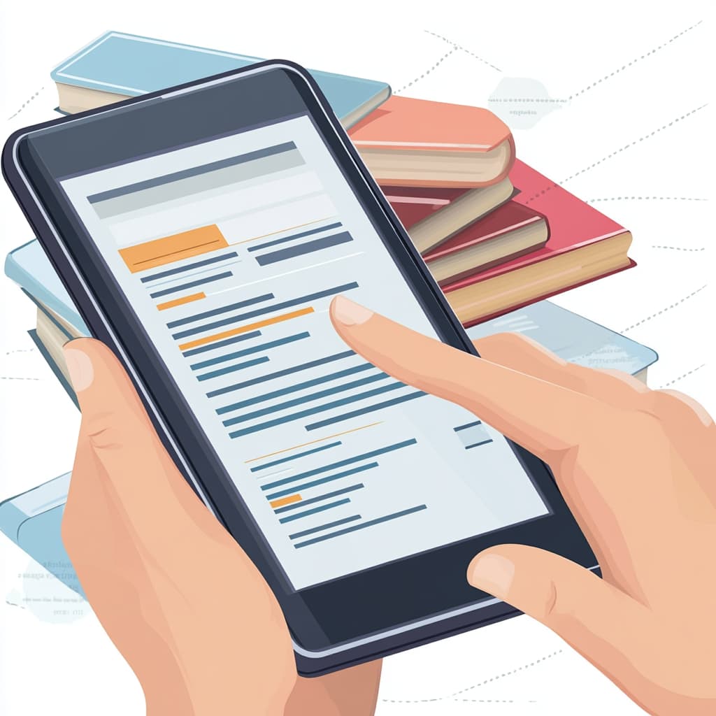 A person interacting with a digital feedback form on a tablet or smartphone, rating a recently read book and providing detailed comments. In the background, a stack of books and data icons represent how this feedback helps refine future recommendations. ai generated