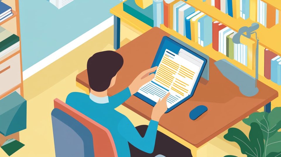 A person is sitting at a desk in a cozy, well-organized home office, using a tablet. ai generated