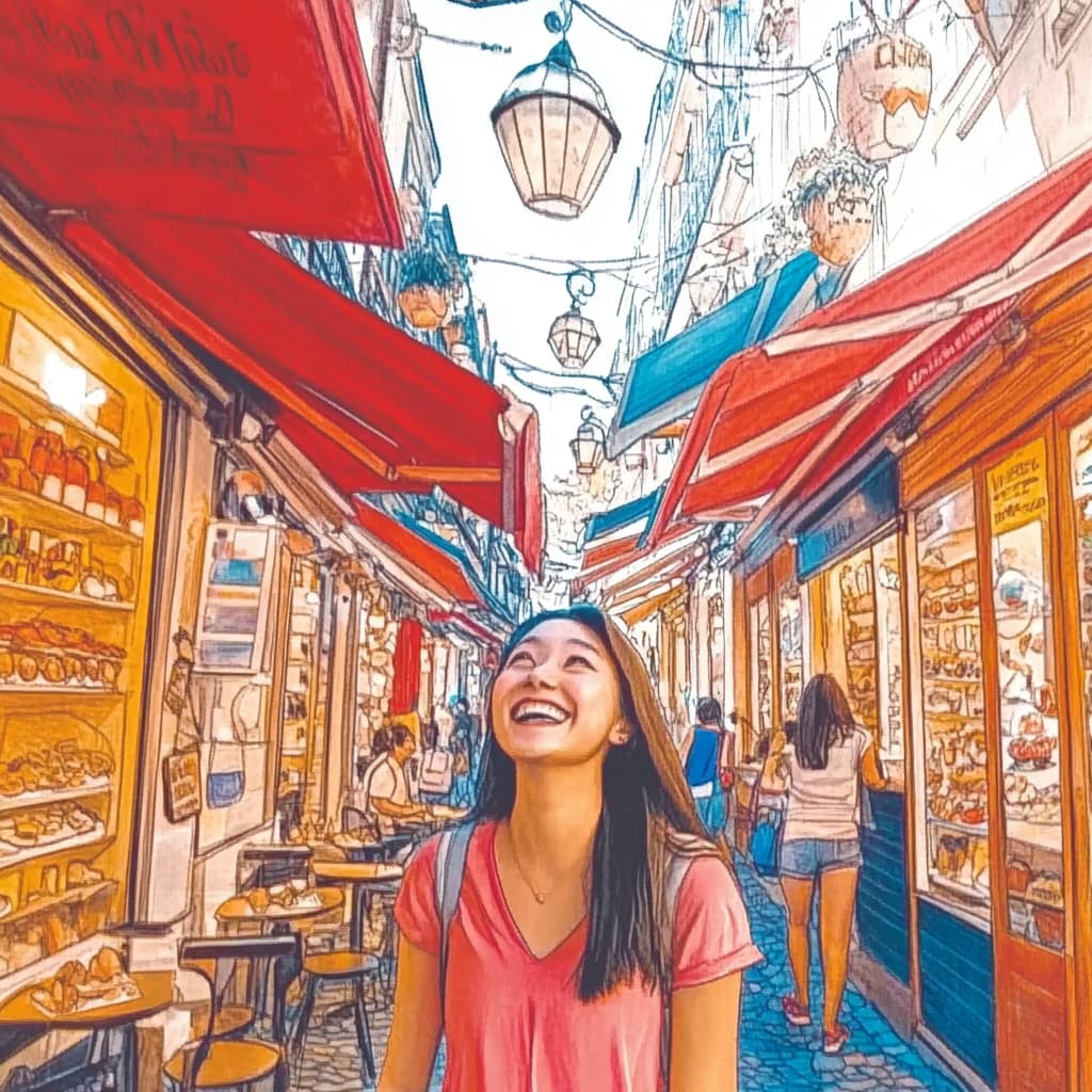 A person joyfully speaking a foreign language while on vacation, perhaps talking to a local in a bustling marketplace or at a café. ai generated