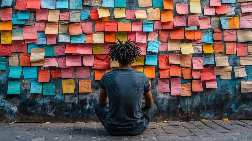 A person looking at a corkboard filled with sticky notes, The individual looks reflective but determined, ai generated
