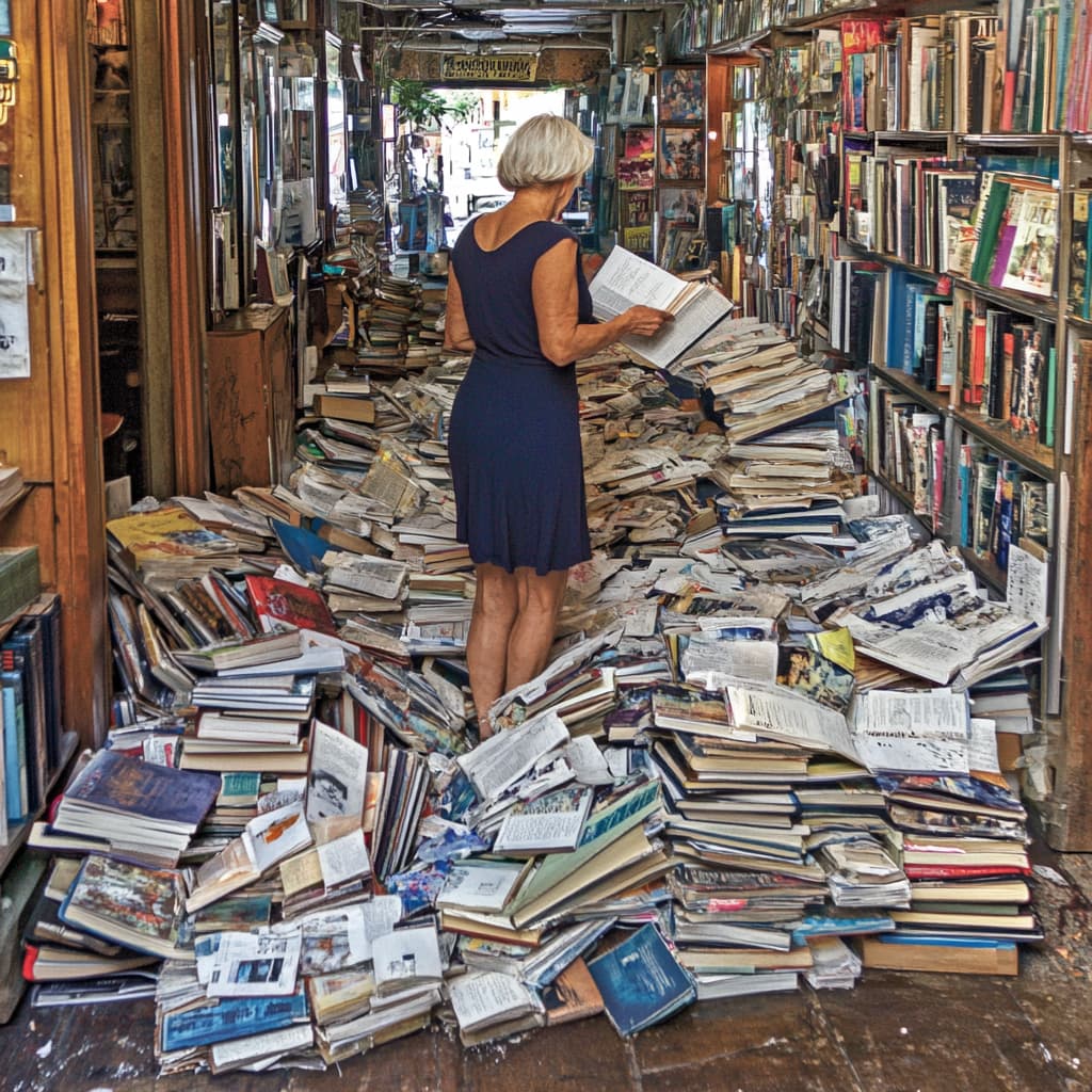 A person looking frustrated as they browse through a large pile of books in a bookstore, unsure which one to pick. The scene captures the overwhelming feeling of too many choices. ai generated