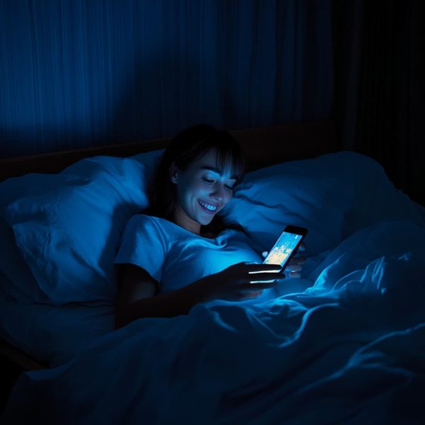 A person lying in bed late at night, holding their phone and smiling. ai generated