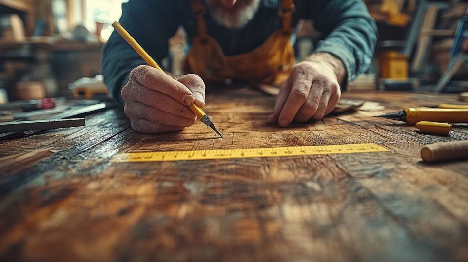 A person measuring a wooden surface with a tape measure, surrounded by tools and notes. ai generated