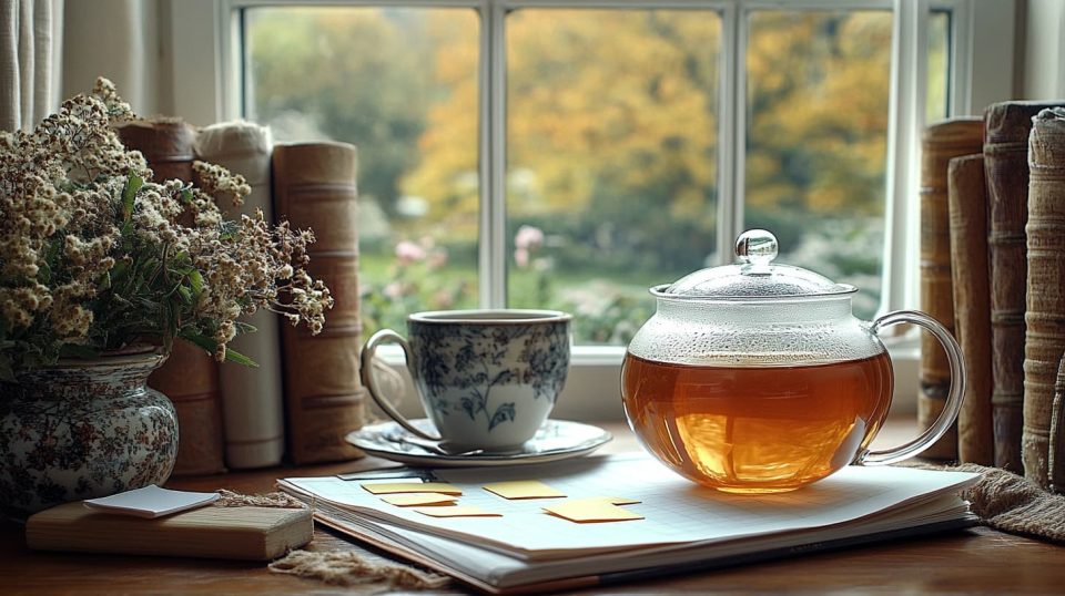 A person organizing their priorities with a paper planner, sticky notes, and a cup of tea in a well-lit, tidy room. ai generated