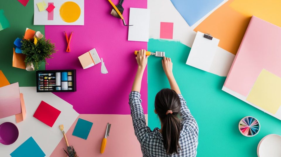 A person painting an accent wall in a vibrant color, ai generated