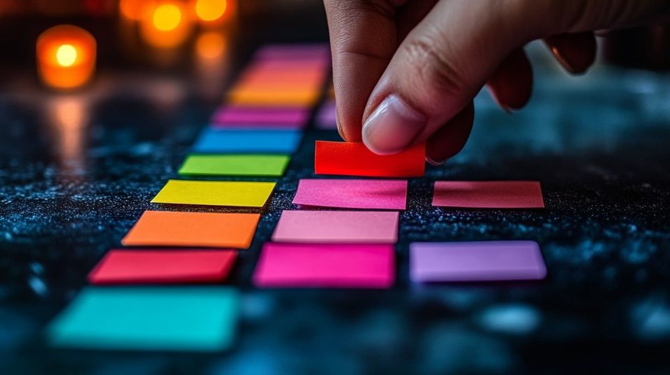 A person placing colorful sticky notes on a large board. ai generated