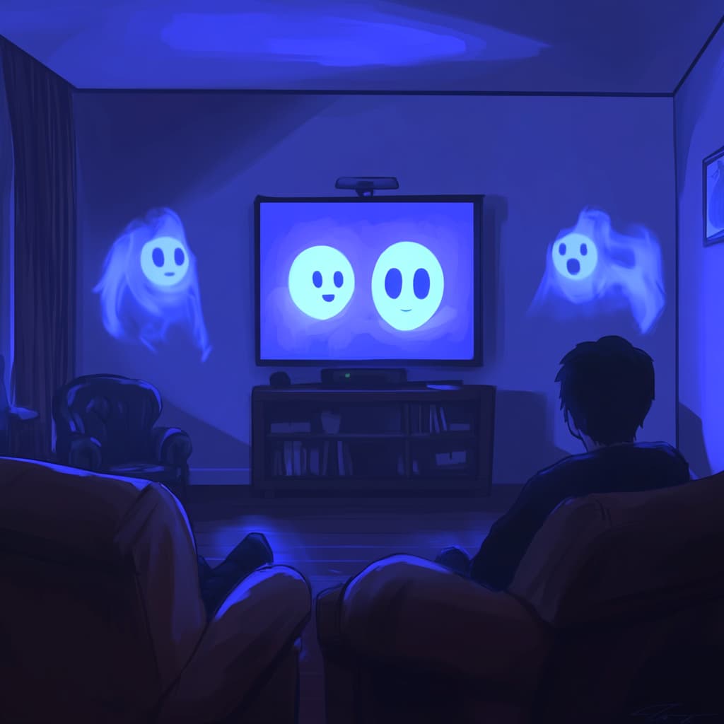 A person sits alone in a cozy, softly lit room, intently looking at a computer or tablet screen displaying a chatbot interface. ai generated