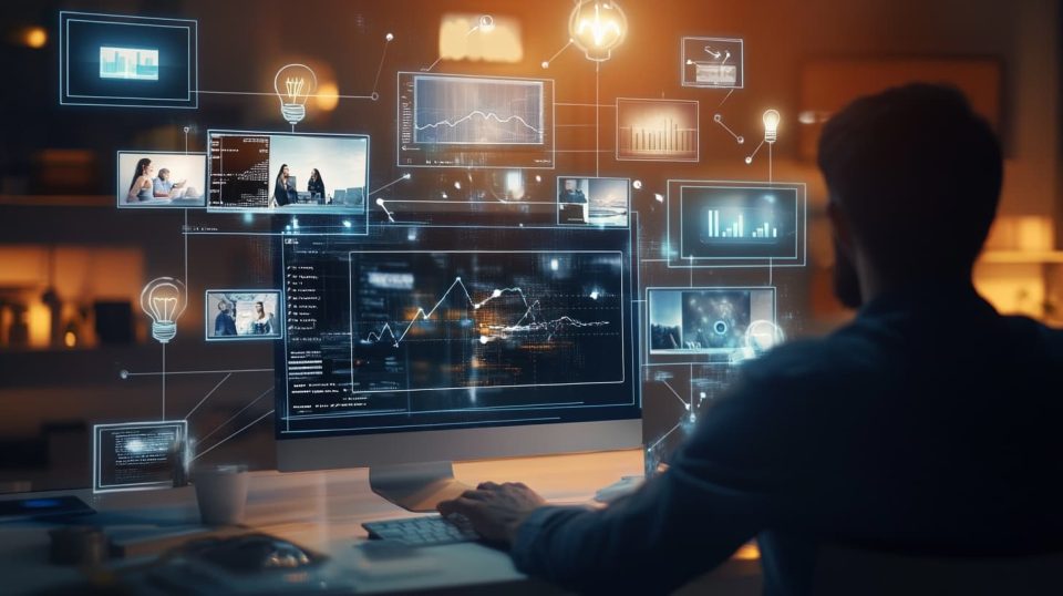 A person sitting at a computer with multiple video thumbnails and title ideas displayed on the screen, ai generated