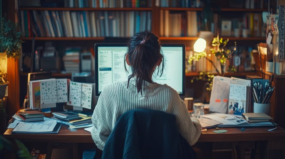 A person sitting at a computer with various study materials around them, such as vocabulary books, notebooks, ai generated