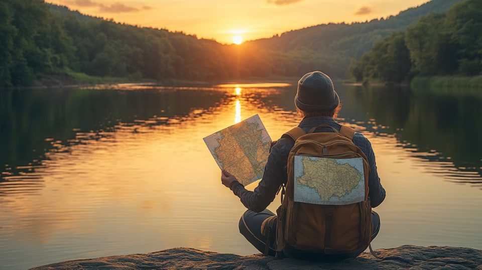 A person sitting by a riverside, rearranging items in a backpack while looking at a map. ai generated