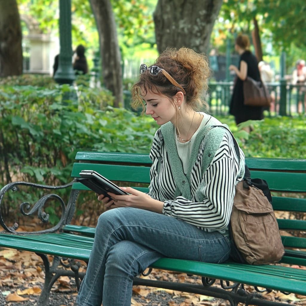 A person sitting comfortably on a park bench, holding a smartphone or tablet, casually practicing a new language with a relaxed expression.. ai generated