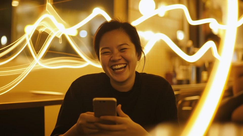A person sitting in a coffee shop, smiling and laughing at something on their phone, surrounded by light and warm tones. ai generated