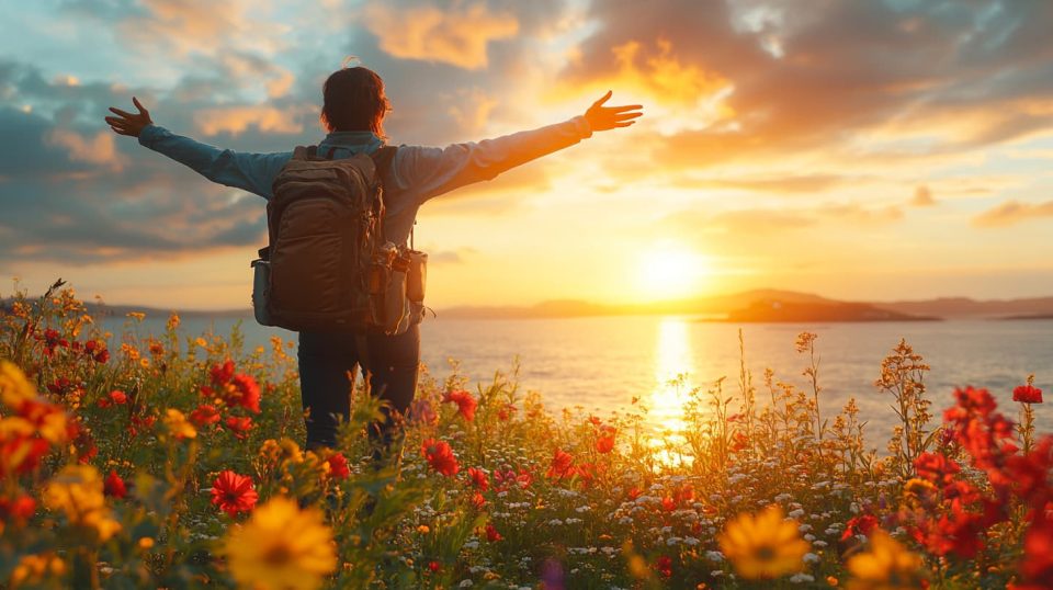 A person standing at the top of a hill during sunrise, arms outstretched in victory. ai generated