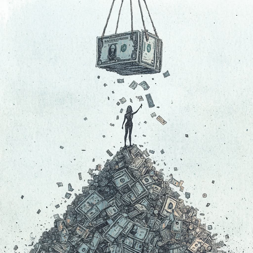 A person standing atop a mountain of debt represented by oversized bills and coins ai generated
