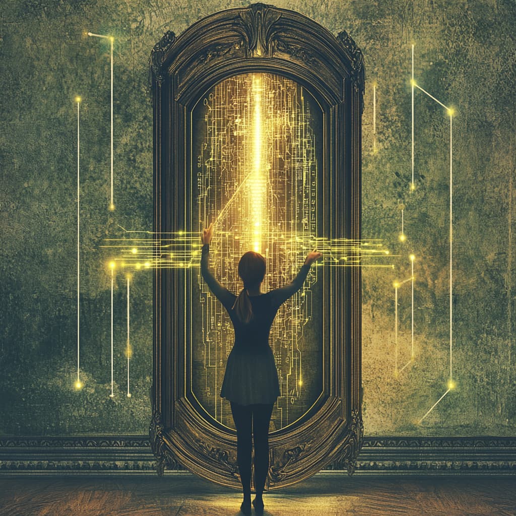 A person standing before a massive, ornate vault door. As they input their goals into a futuristic panel - ai generated