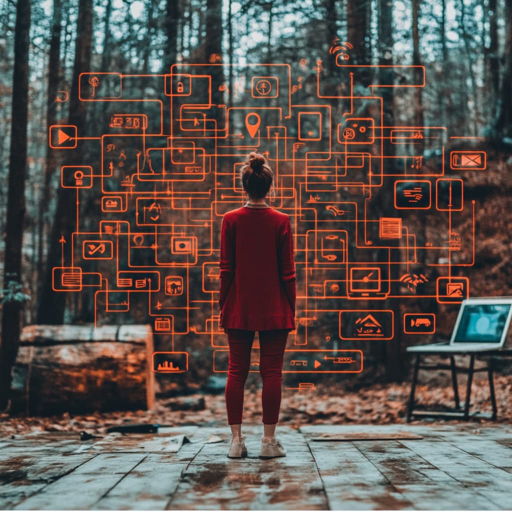 A person standing confidently at the center of a digital insurance hub. - Ai generated