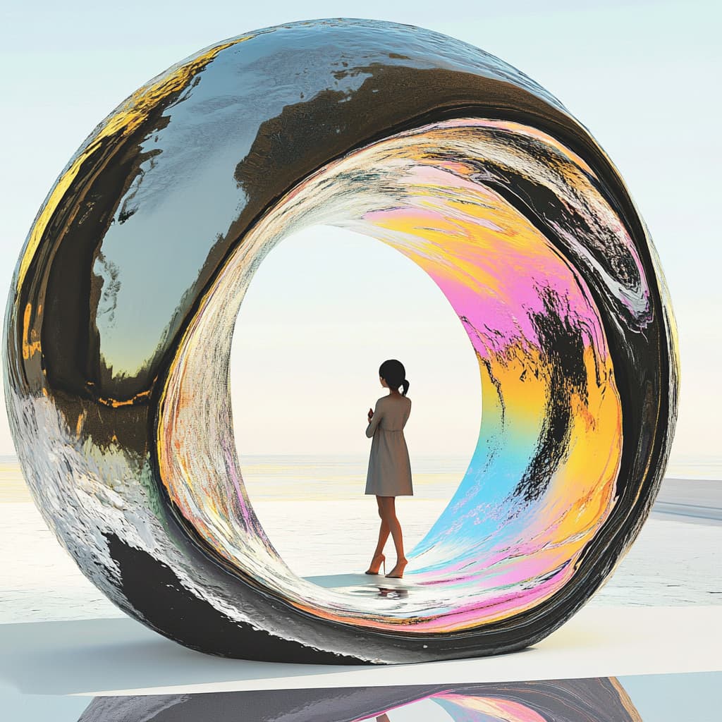 A person stepping through a shimmering portal, leaving behind a grey, stressed version of themselves and emerging as a colorful, balanced, and mindful being ai generated