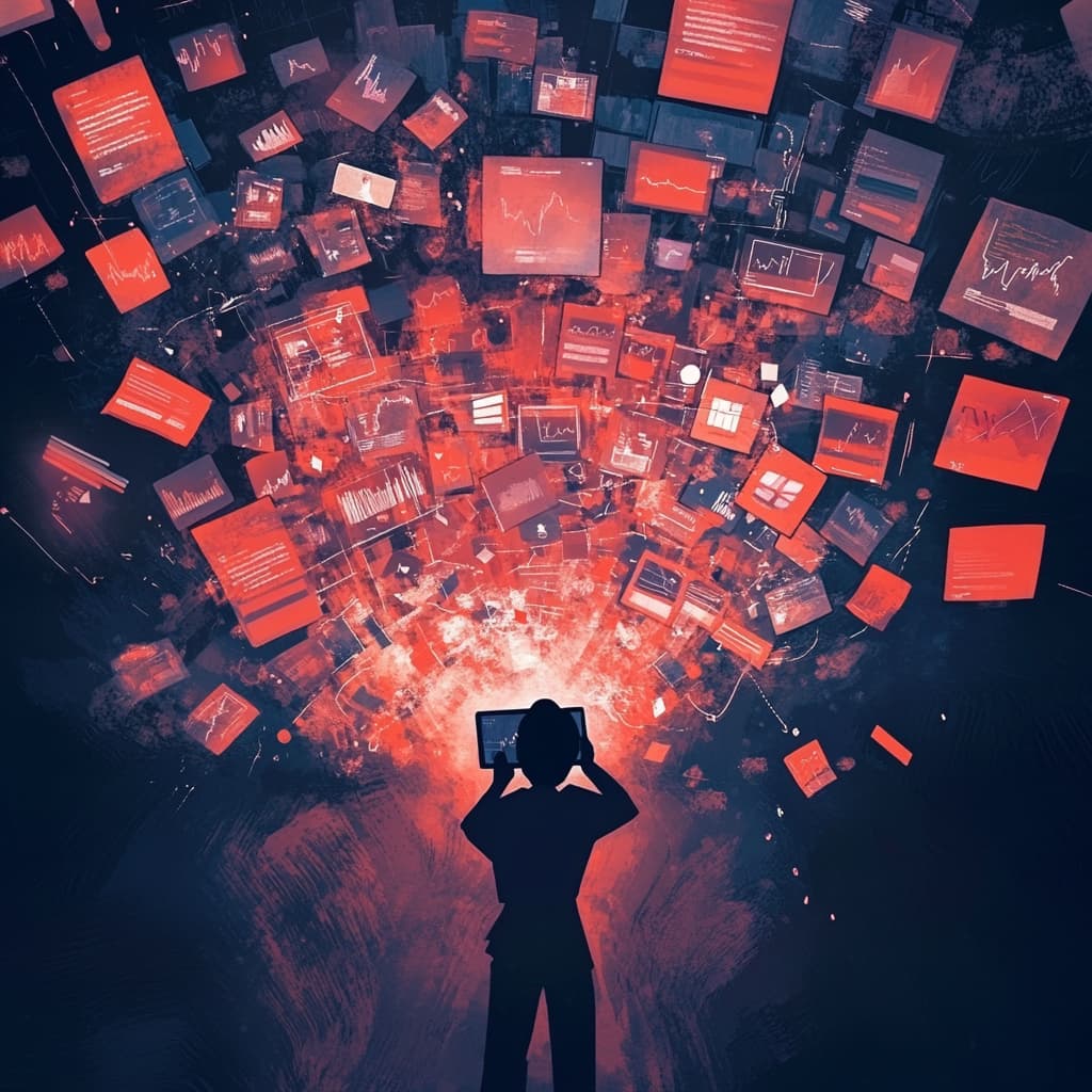 A person surrounded by chaotic, floating bubbles of data. ai generated