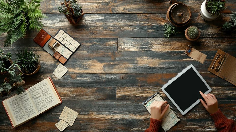 A person swiping through a tablet at a minimalist desk with an open dictionary, flashcards. ai generated