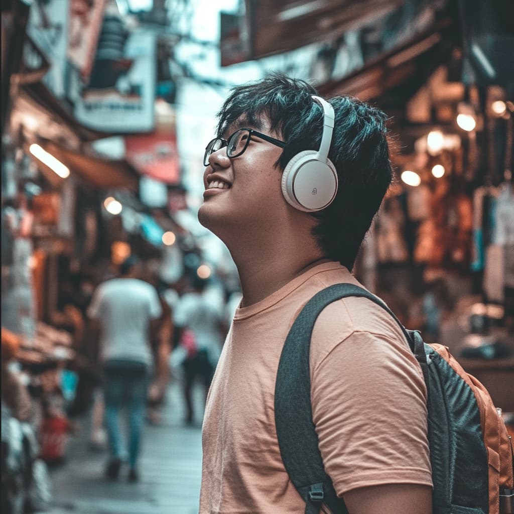 A person walking through a city street while listening to a foreign language podcast. ai generated