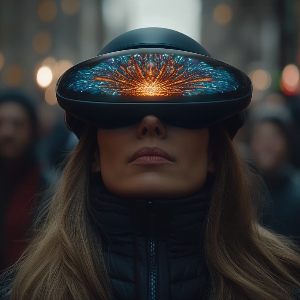 A person wearing a high-tech meditation headband that projects their inner mindscape as a beautiful, ever-changing mandala around them ai generated