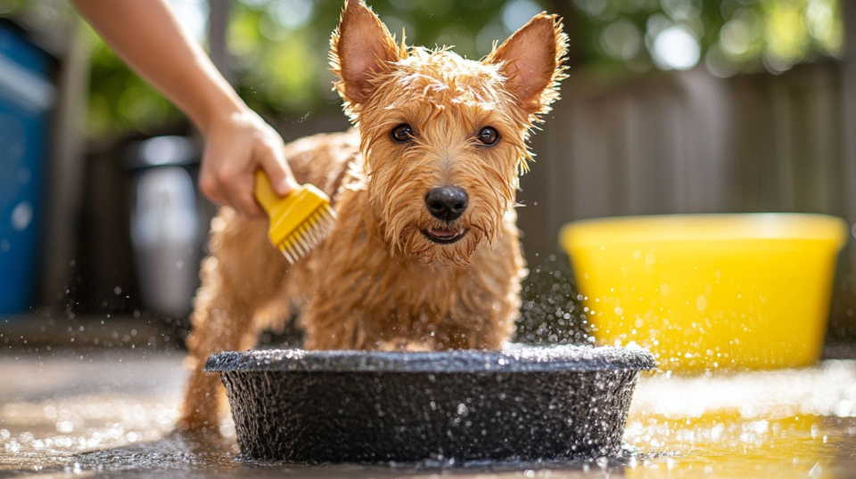 A pet owner brushing a dog’s fur in a sunny backyard, with grooming tools visible. ai generated