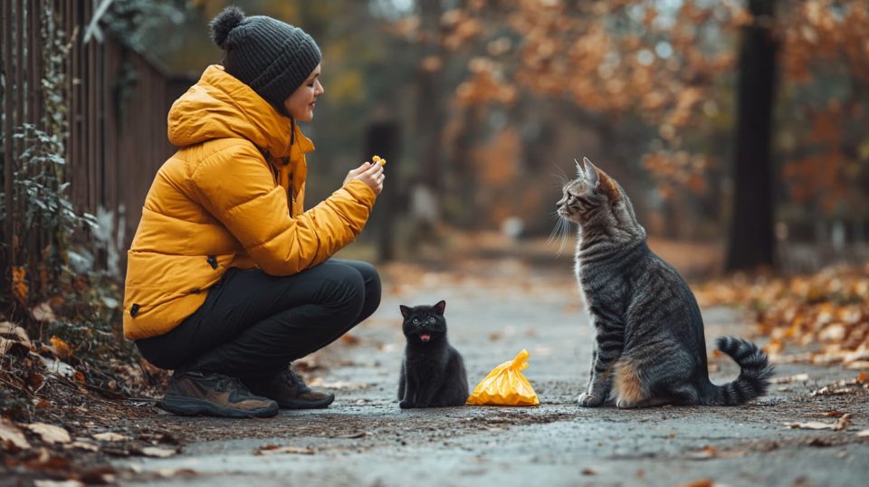 A pet owner kneeling in a backyard, teaching a dog to sit using a treat. ai generated