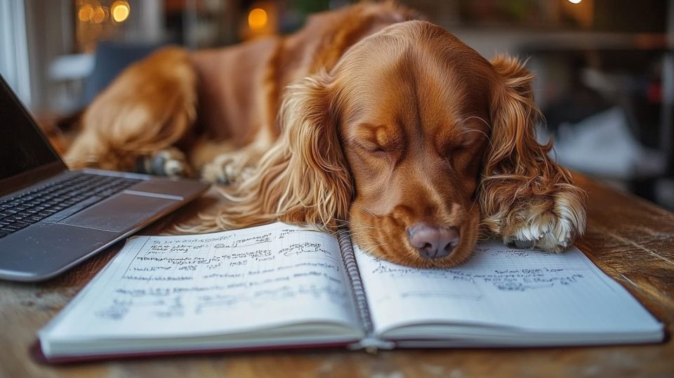 A pet owner using a notebook to track their pet's feeding and walking schedule, with the pet nearby. ai generated