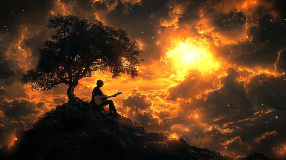 A picturesque countryside scene with a musician under a tree, blending the soothing tones of an acoustic guitar with digital sound waves from a portable speaker. ai generated