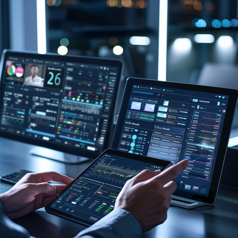 A professional adjusting a crisis communication plan on a tablet, with multiple screens showing live updates and social media feeds in the background - Ai generated.