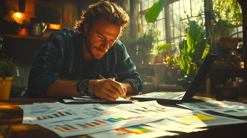A professional in a creative workspace, with a neatly arranged table featuring documents, graphs.