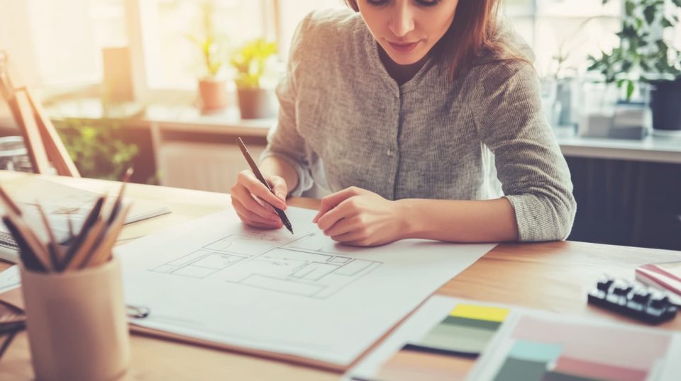 A professional interior designer sketching a floor plan on paper ai generated