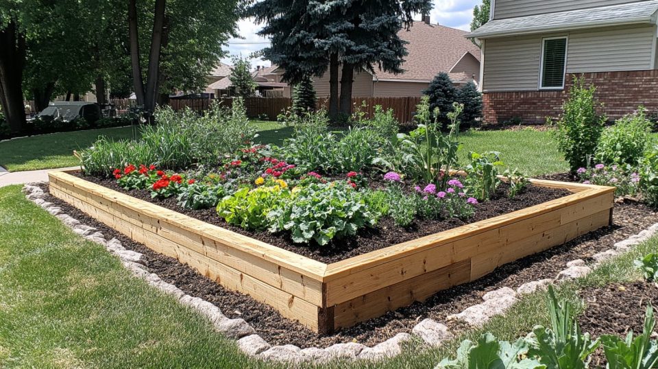 A raised garden bed filled with healthy vegetables and herbs, surrounded by rich. ai generated