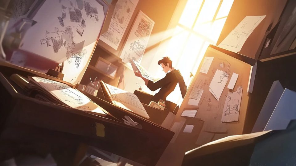 A realistic image of a writer in a sunlit room, opening a drawer filled with notebooks. ai generated