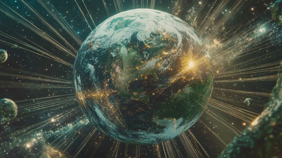 A reflective, crystalline sphere floating in space, containing Earth, galaxies, and swirling lights within. ai generated