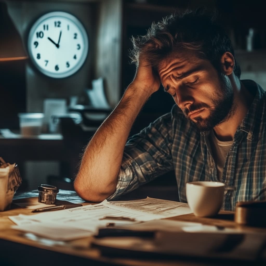 A relaxed person sitting at a desk with a completed tax form and a cup of coffee. A clock on the wall shows the time, indicating efficiency. The person has a relieved expression, symbolizing reduced stress.