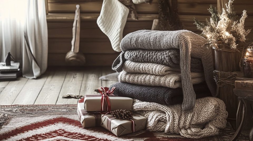 A rustic living room decorated for the holidays, featuring cozy items like knitted stockings, a plush rug, and a stack of wrapped throws tied with ribbon. ai generated