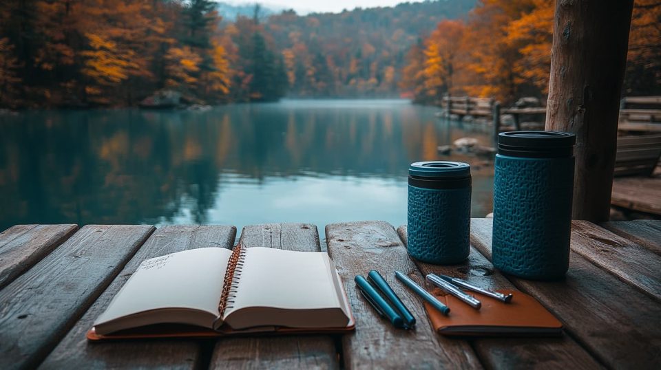 A serene scene of a person relaxing on a lounge chair outdoors, looking out over a tranquil lake. ai generated